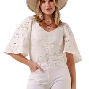 SCOTCH & SODA White Eyelet Ruched Front Boho Blouse Womens Small EU 36 Amsterdam